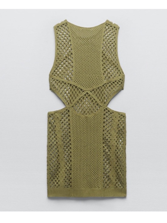 Zara Khaki Olive Green Knit Crochet Cut Out Swim Cover Mini Dress Size Medium - Picture 2 of 13